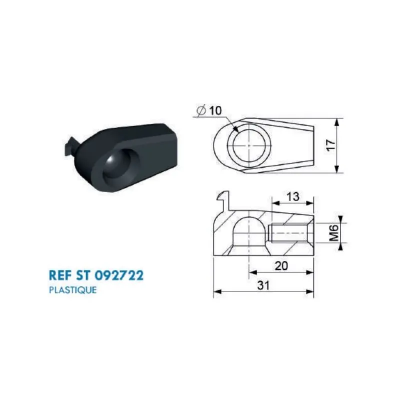 Cage à rotule diamètre 10 (chape M6-Plastique-20mm) Cage à rotule diamètre 10 (chape M6-Plastique-20mm)