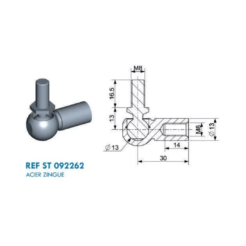 Cage à rotule avec rotule diamètre 13 (chape M8-Acier-30mm) Cage à rotule avec rotule diamètre 13 (chape M8-Acier-30mm)