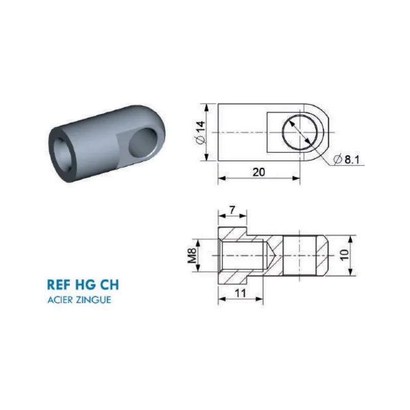 Chape à œil diamètre 8.1mm (chape M8-Acier-20mm) Chape à œil diamètre 8.1mm (chape M8-Acier-20mm)