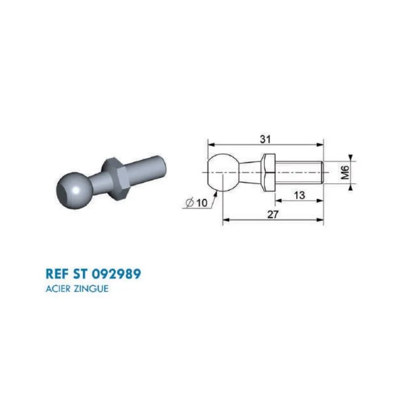 Rotule diamètre 10mm (M6-Acier-27mm) Rotule diamètre 10mm (M6-Acier-27mm)