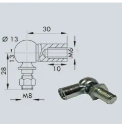 Cage à rotule avec rotule diamètre boule 13mm, rotule M8 (chape M6-Acier-30mm)