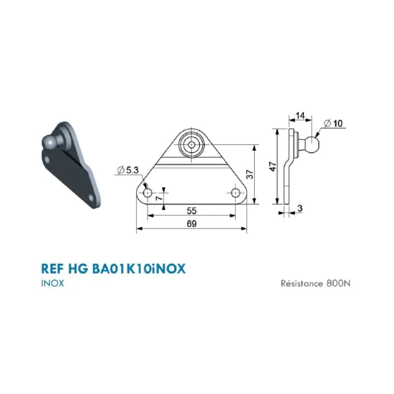 Support Inox type Platine Triangle pour cage à rotule -10mm Support Inox type Platine Triangle pour cage à rotule -10mm