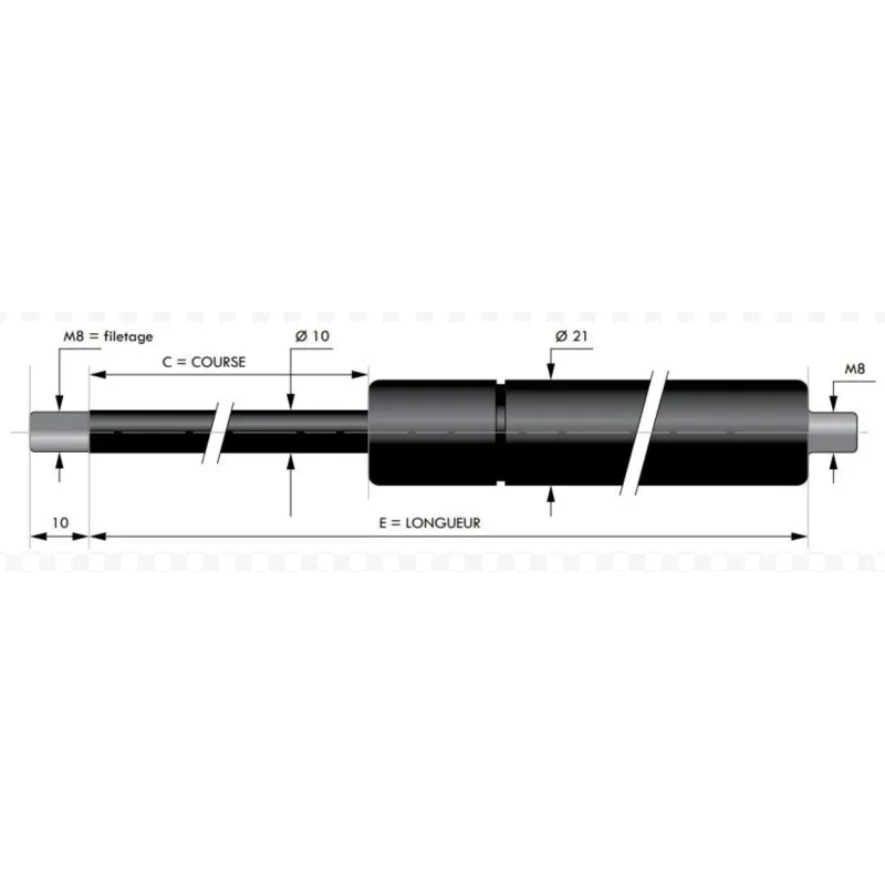Verin à compression chapes filetées diam10 - filetage M8 c60 - l180 - f1150 Verin à compression chapes filetées diam10 - filetage M8 c60 - l180 - f1150