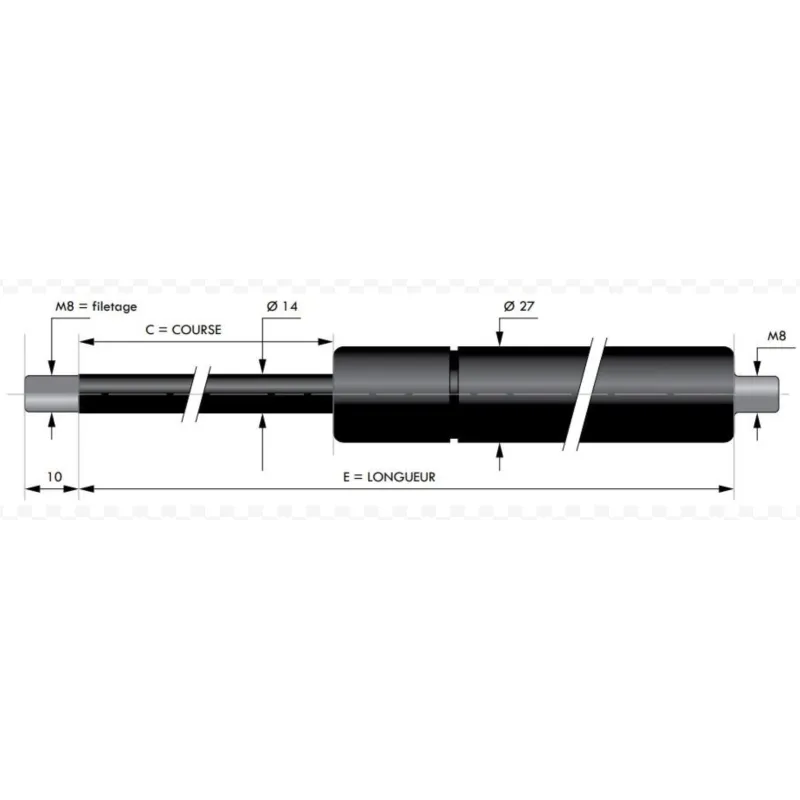 Verin à compression chapes filetées diam14 - filetage M8 c450 - l955 - f1200 Verin à compression chapes filetées diam14 - filetage M8 c450 - l955 - f1200
