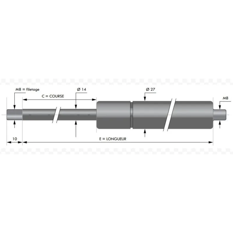 Verin à compression inox  chapes filetées diam14 - filetage M8 c350 - l755 - f1400