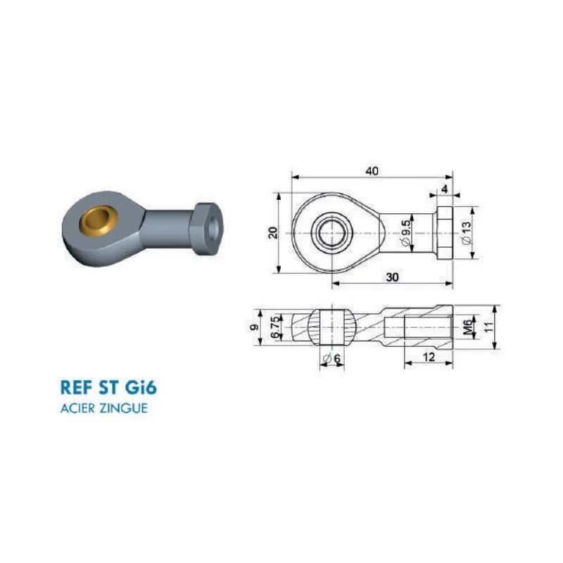 Chape à œil oscillante Diamètre 6mm (chape M6-acier-30mm)