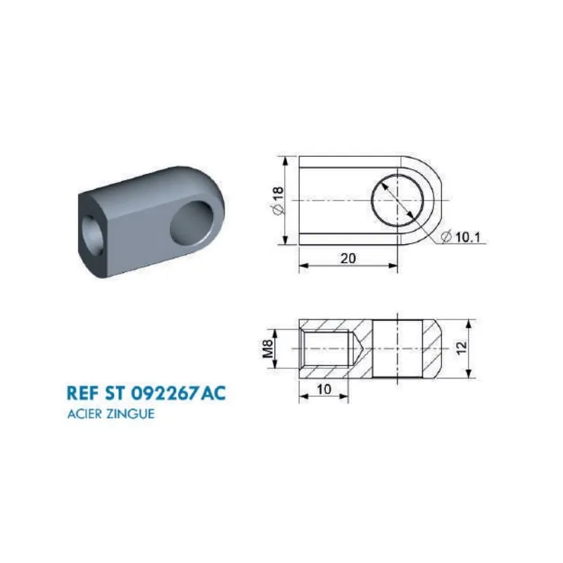 Chape à œil diamètre 10.1 mm (chape M8-Acier-20mm) Chape à œil diamètre 10.1 mm (chape M8-Acier-20mm)