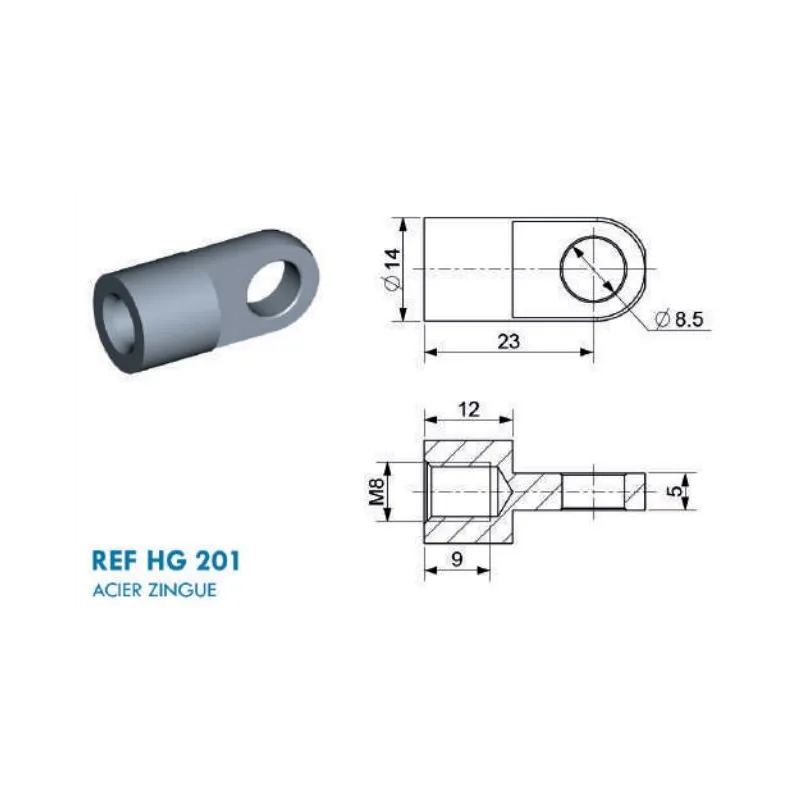 Chape à œil diamètre 8.5mm (chape M8-Acier-23mm) Chape à œil diamètre 8.5mm (chape M8-Acier-23mm)