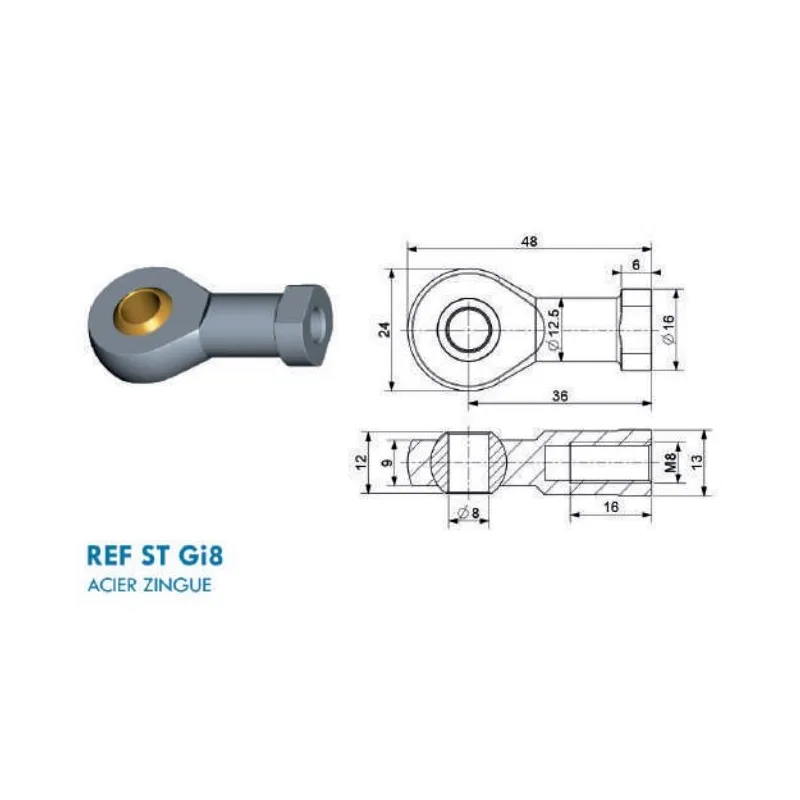 Chape à œil oscillante Diamètre 8mm (chape M8-acier-36mm) Chape à œil oscillante Diamètre 8mm (chape M8-acier-36mm)