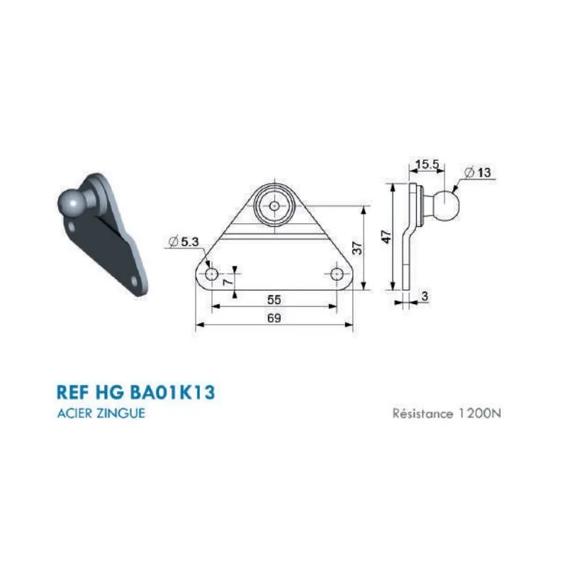 Support type Platine Triangle pour cage à rotule - 13mm Support type Platine Triangle pour cage à rotule - 13mm