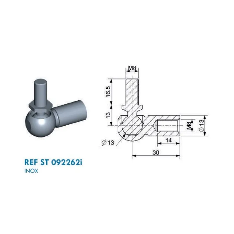 Cage à rotule avec rotule diamètre 13 (chape M8-inox-30mm) Cage à rotule avec rotule diamètre 13 (chape M8-inox-30mm)