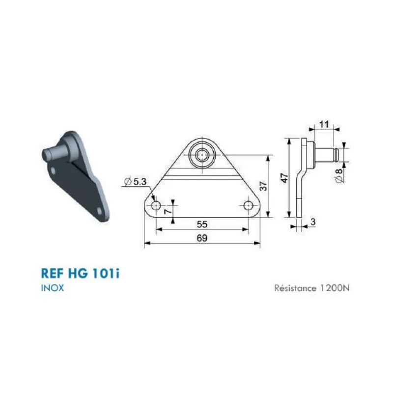 Support Inox type Platine Triangle pour chape à œil - 8mm Support Inox type Platine Triangle pour chape à œil - 8mm