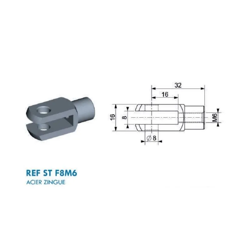 Fourche filetage M6, Diamètre axe 8mm Fourche filetage M6, Diamètre axe 8mm
