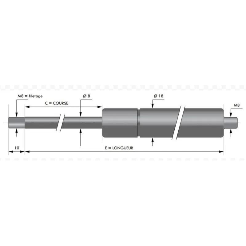 Verin à compression inox chapes filetées diam 8mm - filetage M8 c250 - l545 - f200 Verin à compression inox chapes filetées diam 8mm - filetage M8 c250 - l545 - f200