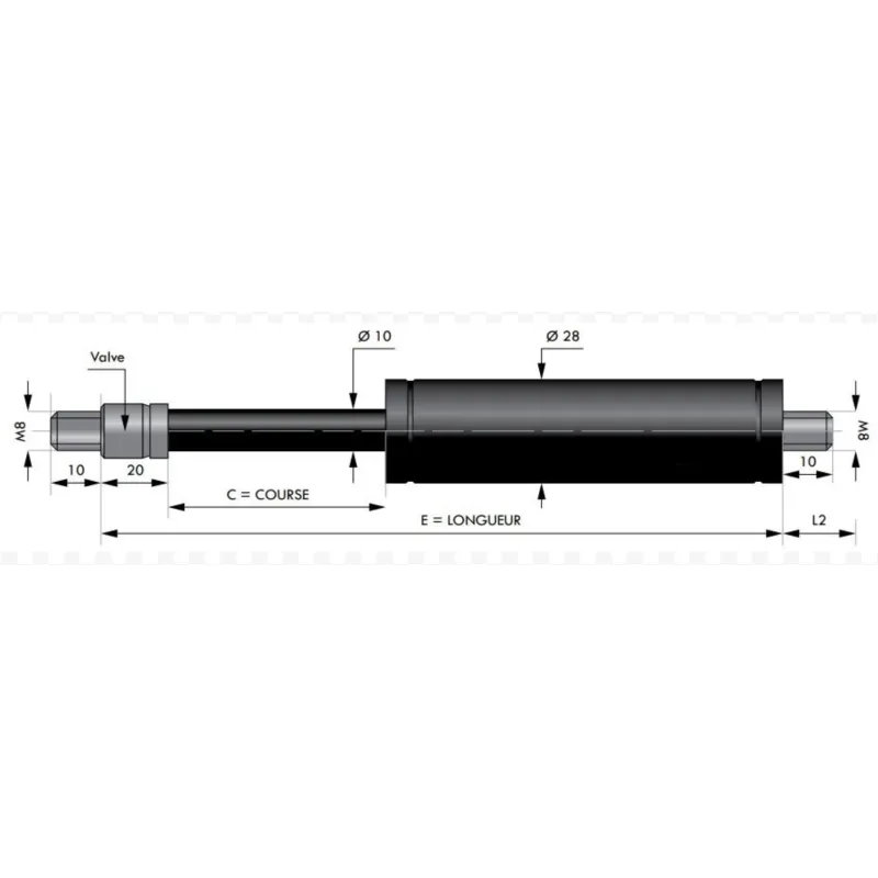 Verin à gaz de TRACTION chapes filetées diam 10mm - filetage M8 c100 - l300 - f200 Verin à gaz de TRACTION chapes filetées diam 10mm - filetage M8 c100 - l300 - f200