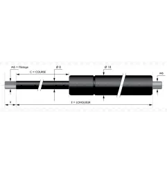 Vérin à gaz à valve - chapes filetées diam8 - filetage M6 c120 - l285 - f50