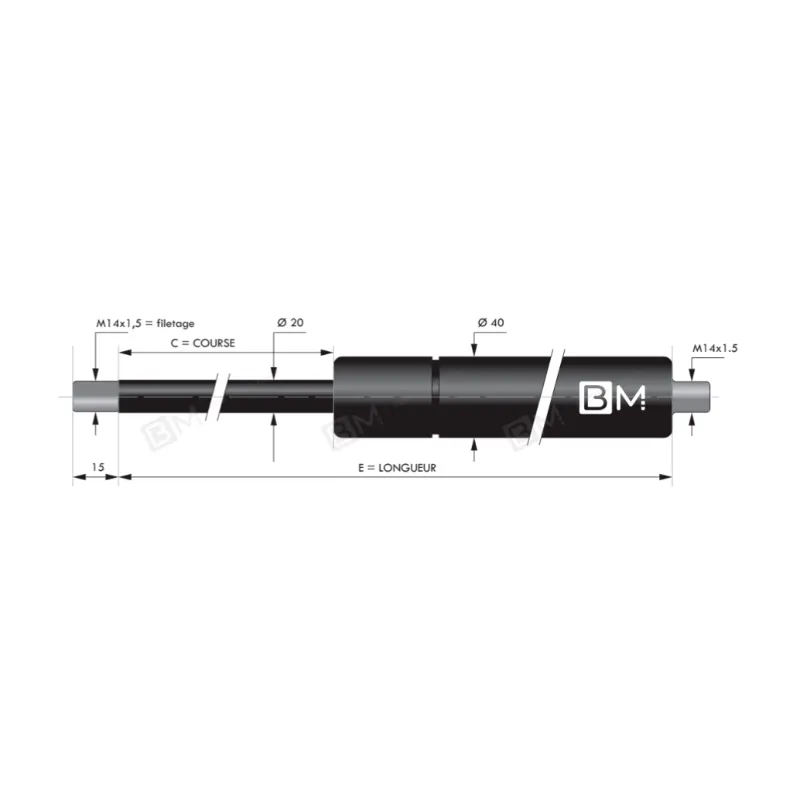 Verin à compression chapes filetées diam20 - filetage M14 c600 - l1316 - f2300 Verin à compression chapes filetées diam20 - filetage M14 c600 - l1316 - f2300