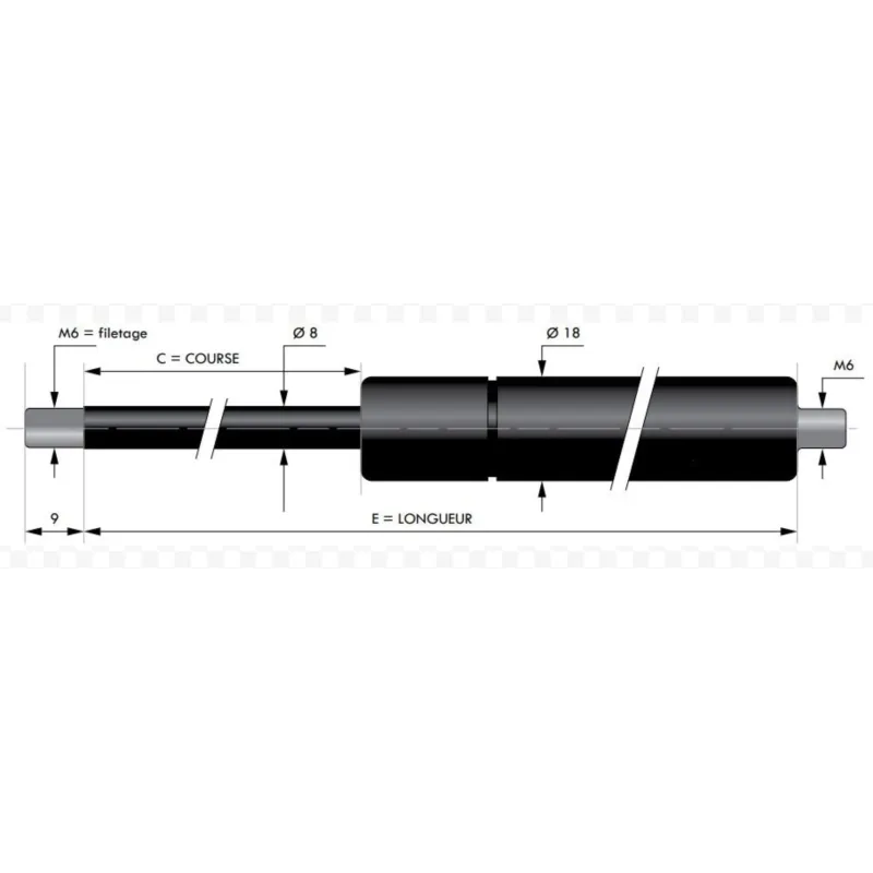 Verin à compression chapes filetées diam8 - filetage M6 c40 - l125 - f800 Verin à compression chapes filetées diam8 - filetage M6 c40 - l125 - f800